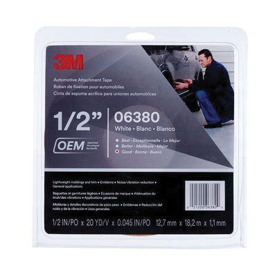 3M 06380 Automotive Attachment Tape, 20 yd x 1/2 in, 0.045 in thick, White